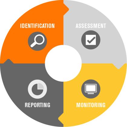 Risk management cycle consisting of Identification, Assessment, Monitoring and Reporting